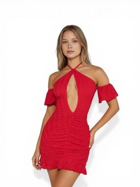 💲 NWT Red Off-Shoulder Plunge Ruffle Mini Dress